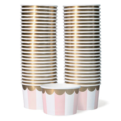 Confettiville Paper Ice Cream Cups 50-Count 9-Oz Disposable Dessert Bowls for Hot or Cold Food 9-Ounce Party Supplies Treat Cups Pink Stripes Scallop Gold Foil