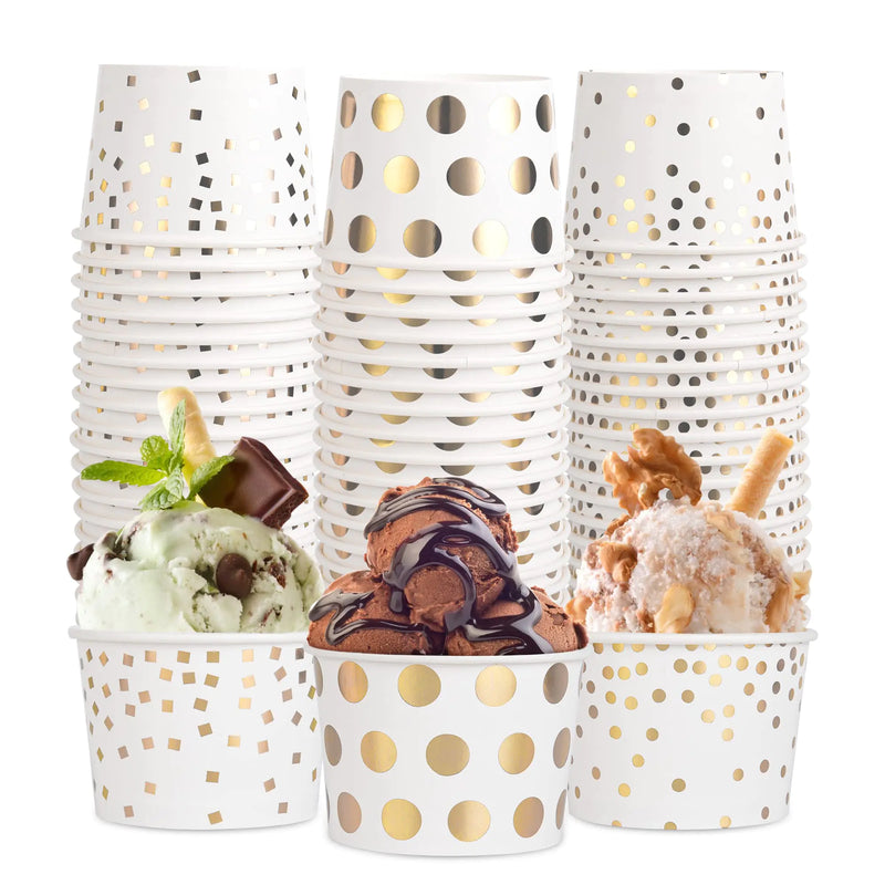 AimFun 60 Pcs Treat Snack Cups Gold Dessert Cups 9oz Disposable Paper Ice Cream Cups for Hot or Cold Food Container Birthday Christmas Party Supplies