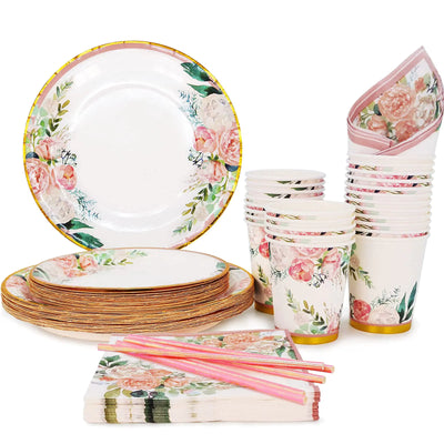 Boosolo Floral Party Supplies paper plates and Napkins Sets for 24 Guest-Include Floral Disposable Paper PlatesCupsNapkin forr Bridal ShowerBirthdayWeddingBachelorette party Supplies