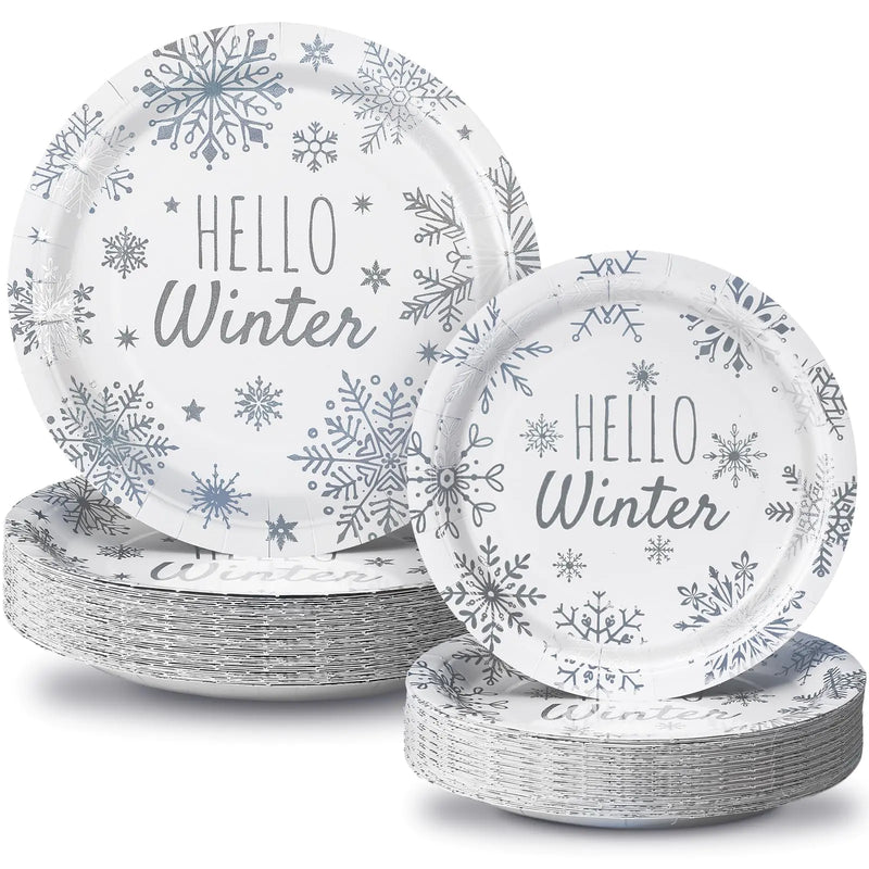 Funnymoom 48 Pcs Frozen Party Supplies Winter Snowflake Paper Plates Hello Winter Round Plates Party Supplies Winter Wonderland Foil Stamping Disposable Plates for Winter Birthday Party Supplies