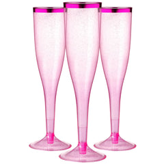 Homy Feel 6.5 OZ Pink Rim Polystyrene Champagne Flutes 30 Pack Disposable Wine Glasses for Party