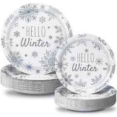 Funnymoom 48 Pcs Frozen Party Supplies Winter Snowflake Paper Plates Hello Winter Round Plates Party Supplies Winter Wonderland Foil Stamping Disposable Plates for Winter Birthday Party Supplies